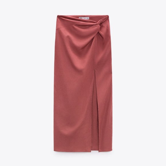 NWT KNOTTED LINEN BLEND MIDI MARSALA SKIRT WITH A SLIT - Picture 2 of 5